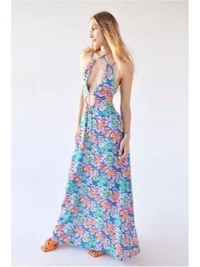 For Love & Lemons Yasmin Blue Floral Halter Maxi Dress